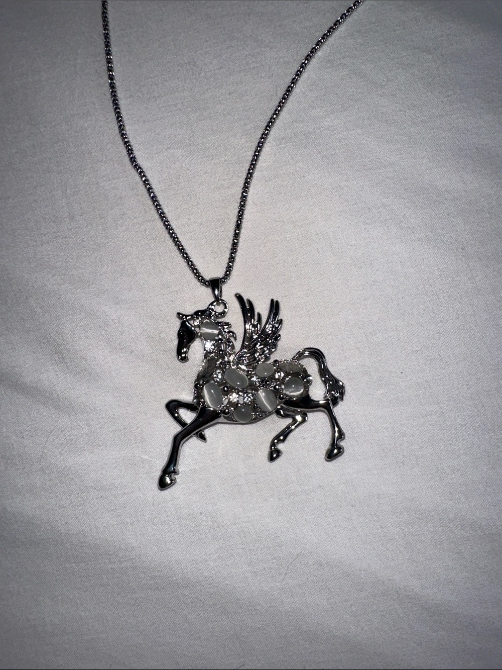Silver Pegasus Pendant Necklace with White Gem Accents